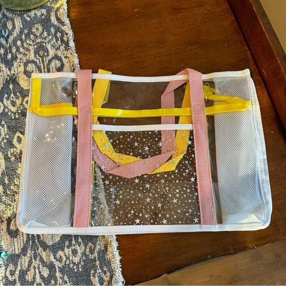 Clear beach bag, Pink, Yellow and silver sparkling stars. NEE - Picture 5 of 5